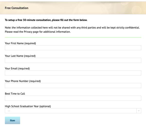 College Placement Services - consultation form screenshot