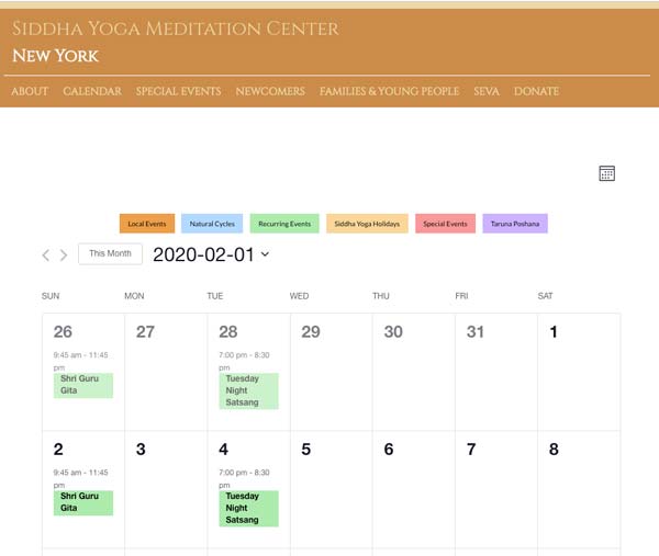 SIddha Yoga Meditation Center - events calendar screenshot